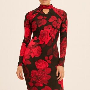 Elegant Red Floral Long Sleeve Dress